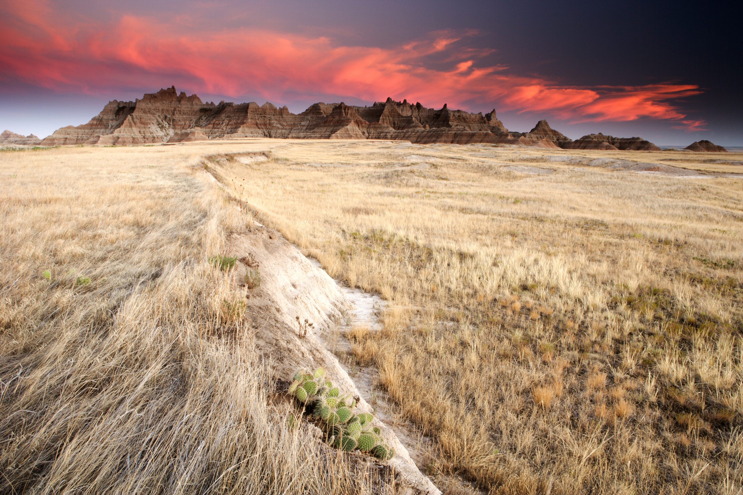 Badlands and Prairie Field at Sunset